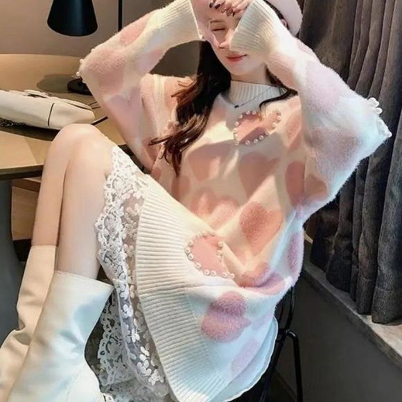 Pearl Beaded Heart Knit Turtleneck Sweater Pullover Women Top - Picture 4 of 10